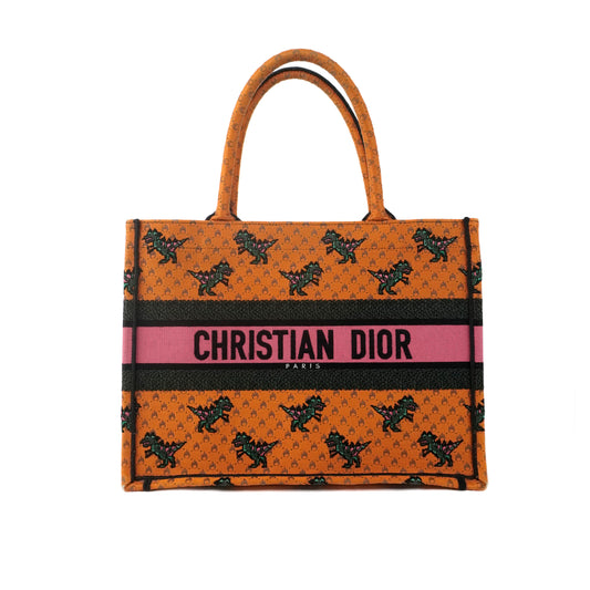 Christian Dior Book Tote Medium Embroidered Dino Orange