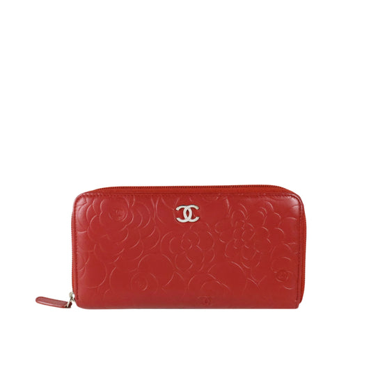 Chanel Lambskin Camellia Zippy Wallet Red