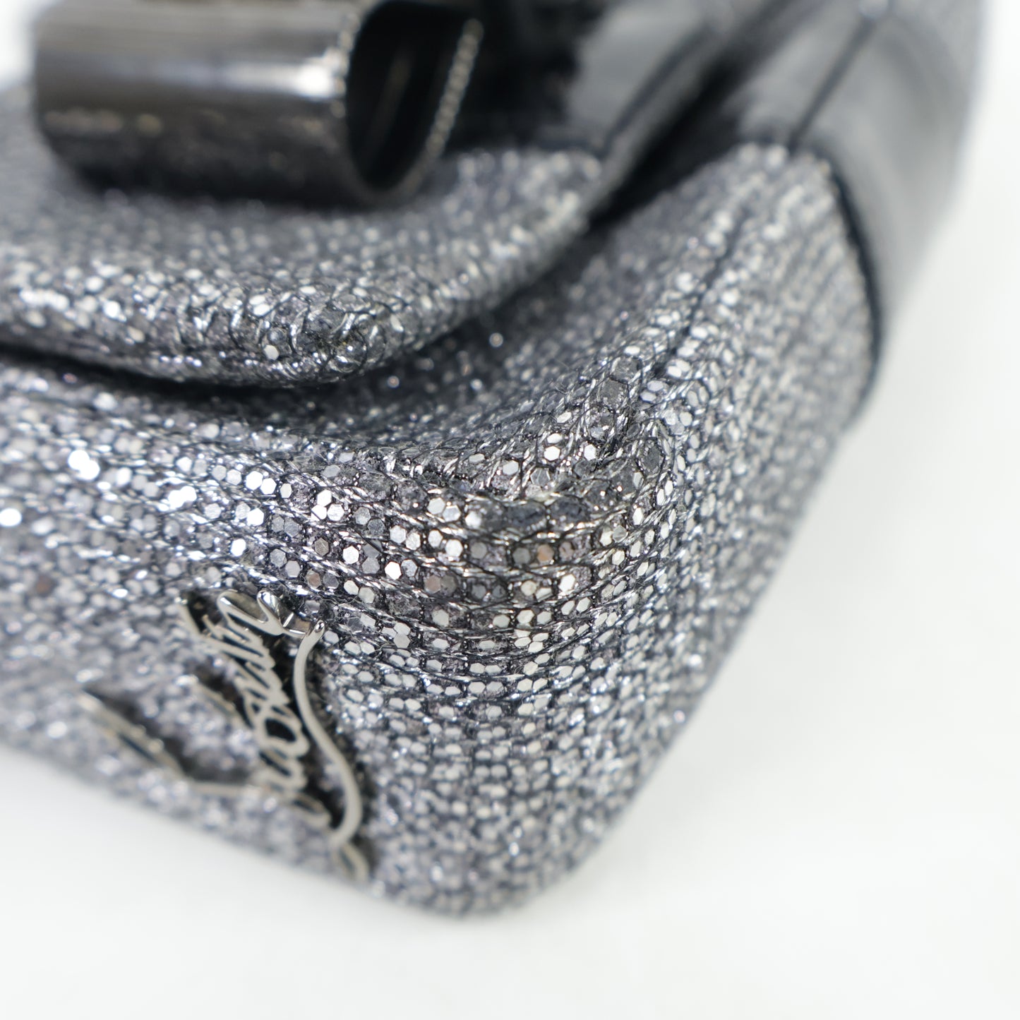 Christian Louboutin Flap Glitter Silver Black Patent