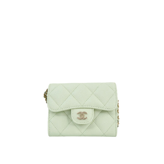 Chanel Card Holder With Chain Green Caviar