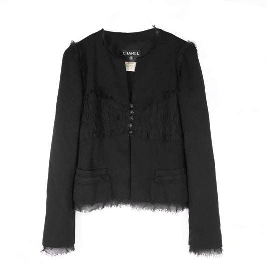 Chanel Jacket Tweed With Frayed Edges Black