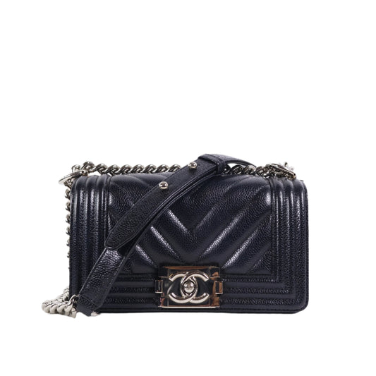 Chanel Boy 8'' Black Chevron Caviar SHW