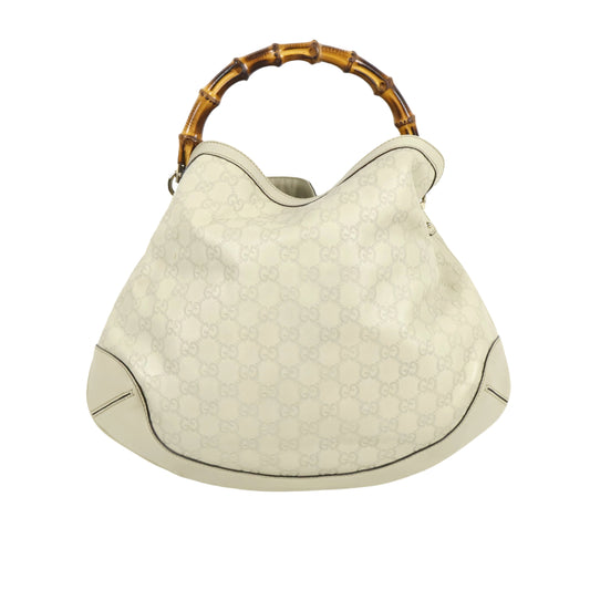 Gucci Leather Bamboo Tote Handbag Beige