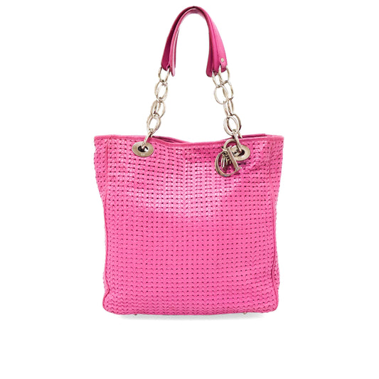 Christian Dior Lady Tote Bag Woven Leather Pink