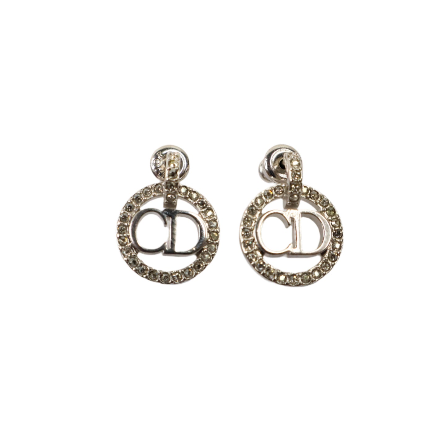 Christian Dior Earrings Round Silver Crystal