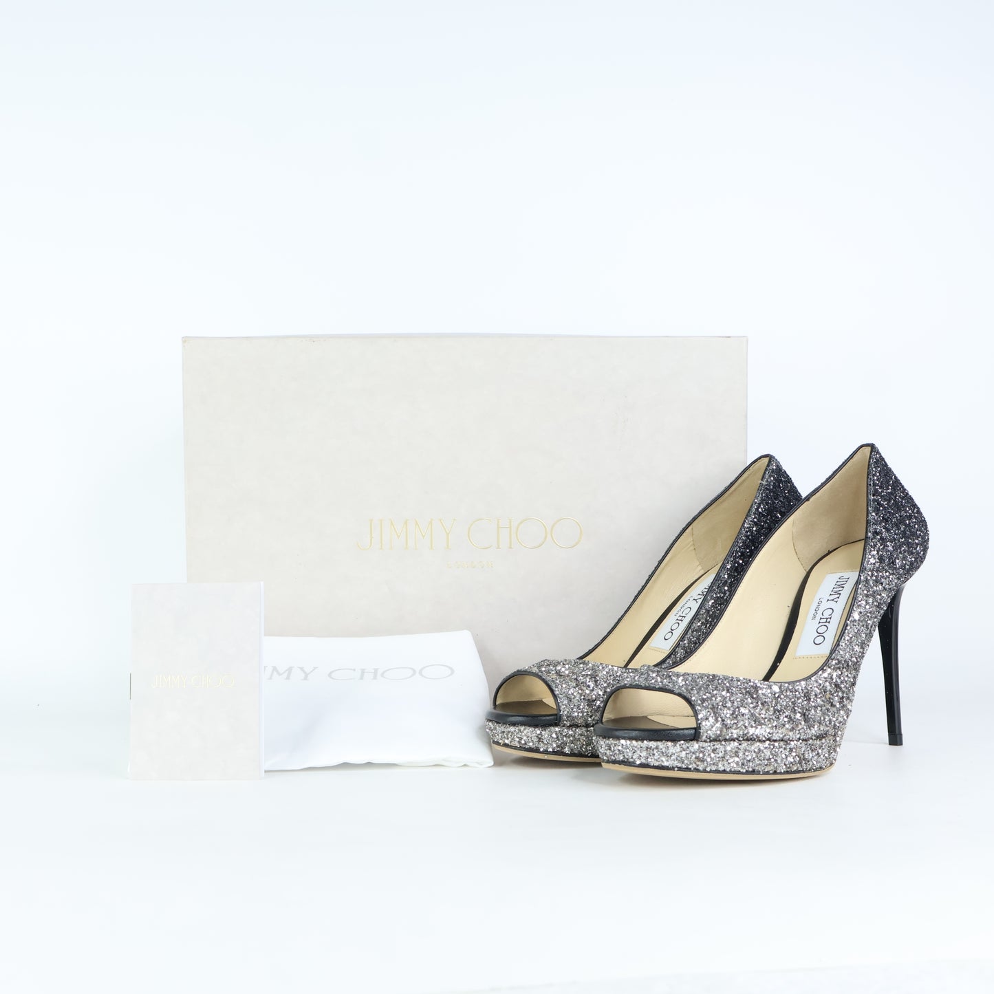 Jimmy Choo Heels Glitter Black Silver 35