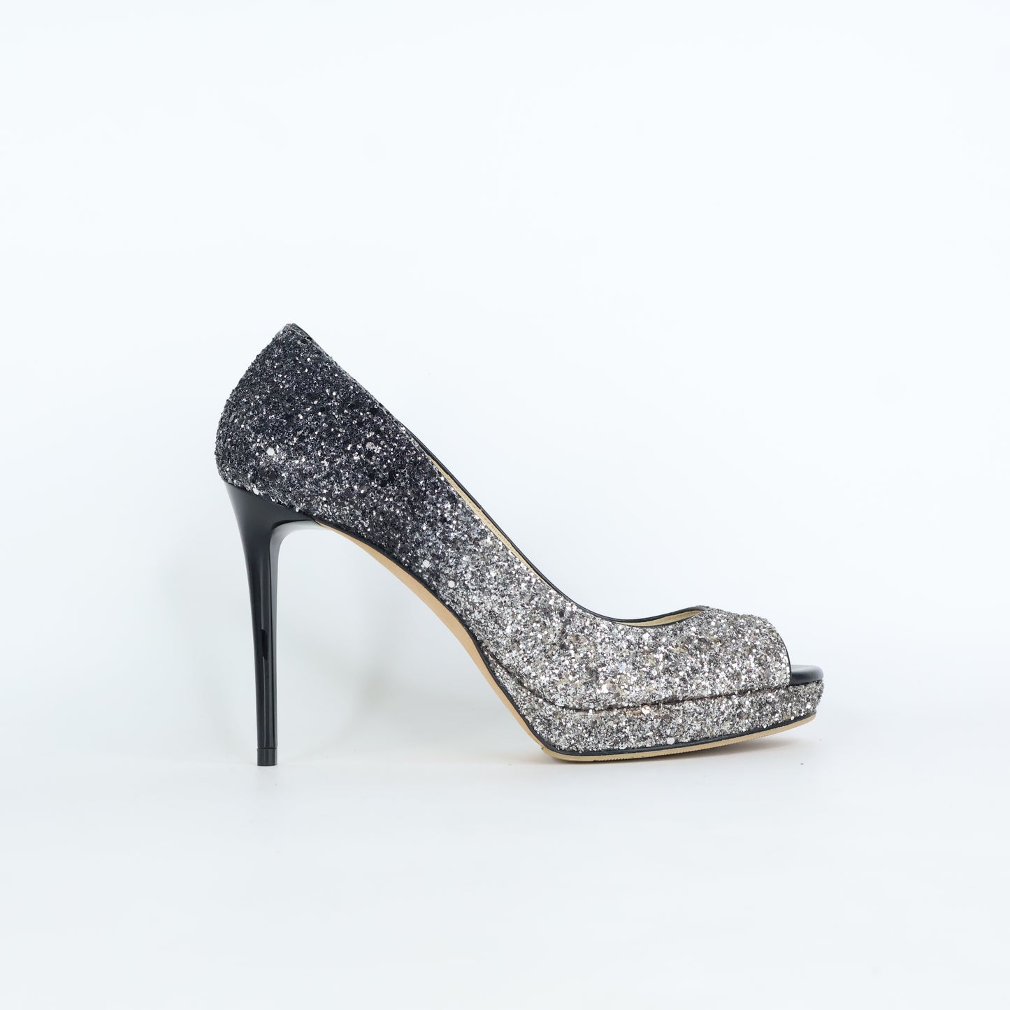 Jimmy Choo Heels Glitter Black Silver 35