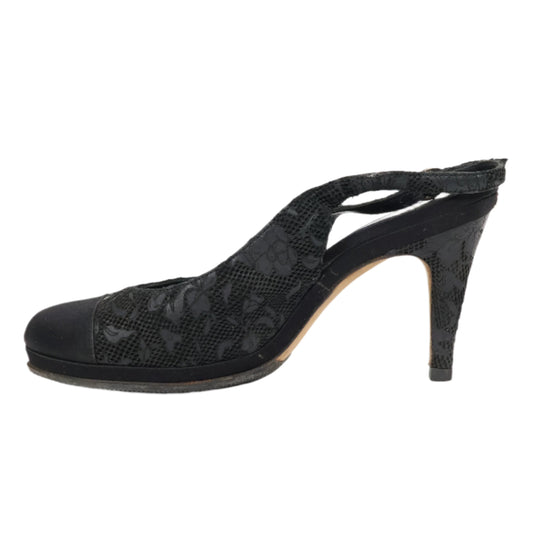 Chanel Heels Sling Back Black Satin Lace 38