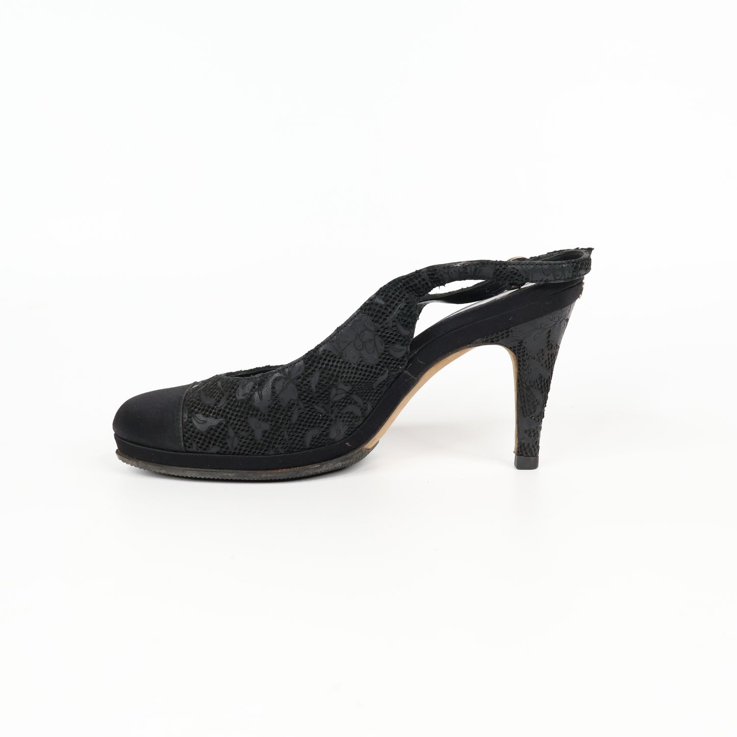 Chanel Heels Sling Back Black Satin Lace 38