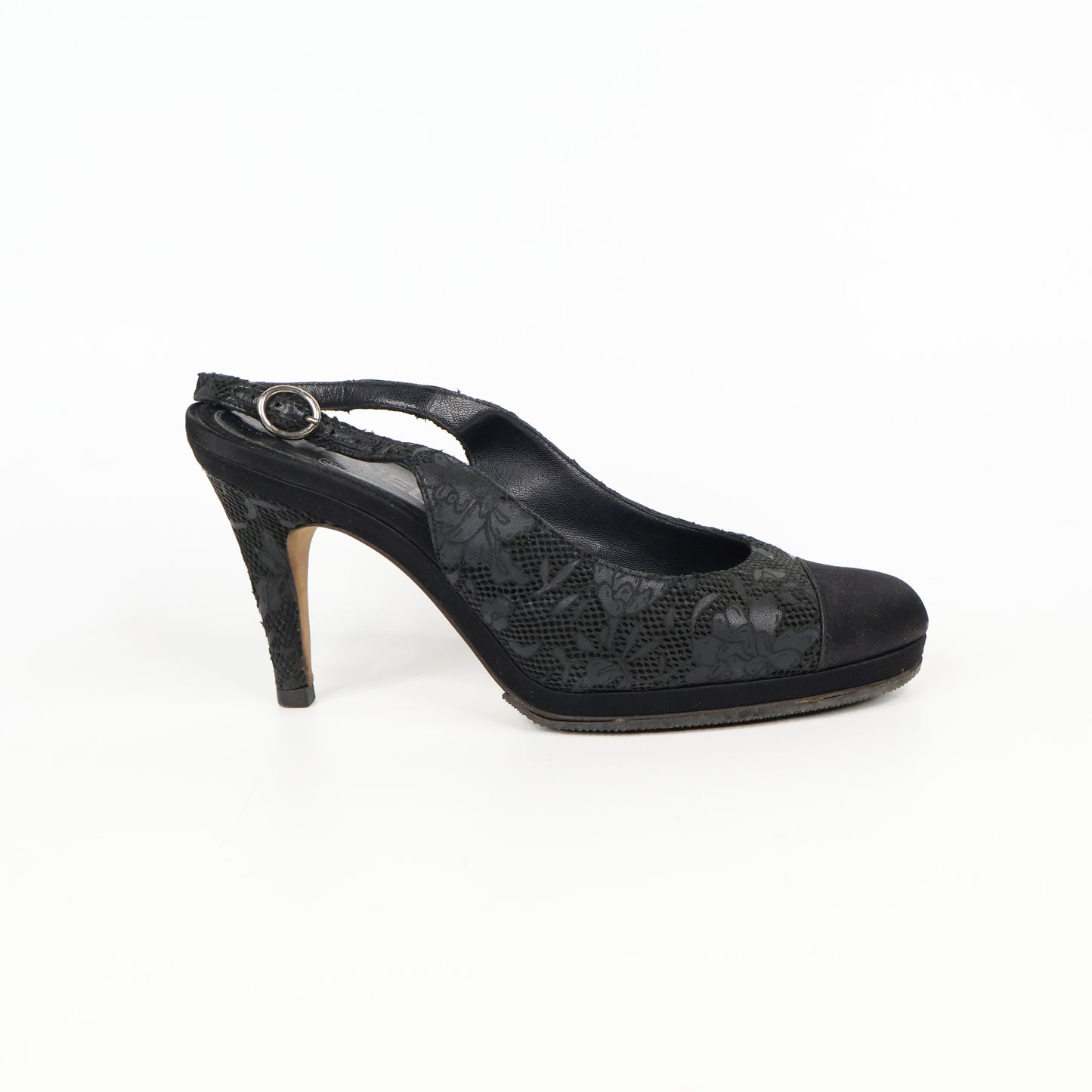 Chanel Heels Sling Back Black Satin Lace 38