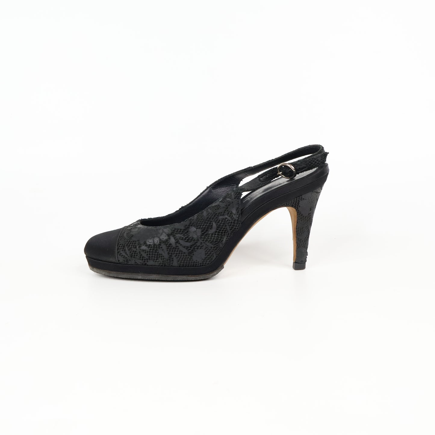 Chanel Heels Sling Back Black Satin Lace 38