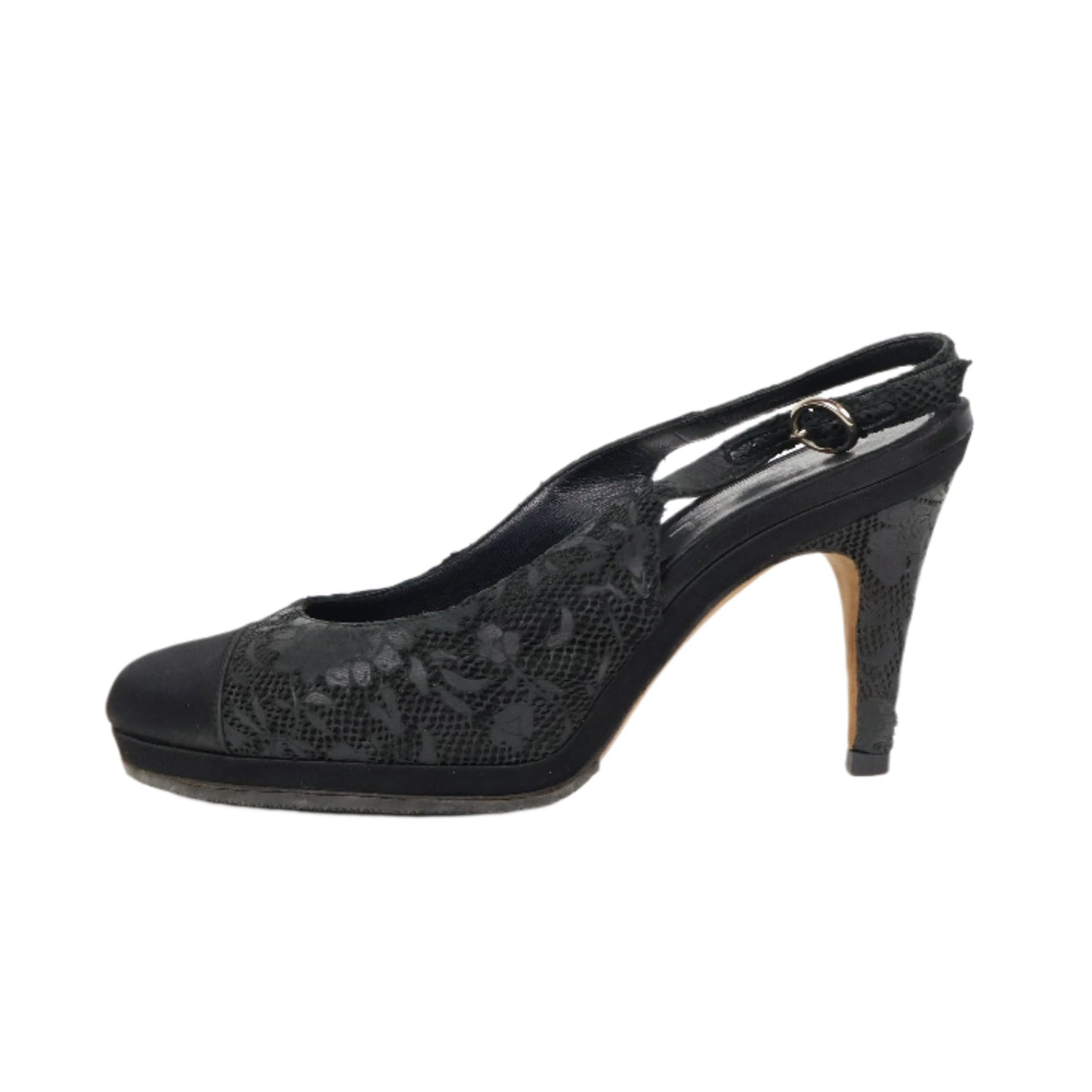 Chanel Heels Sling Back Black Satin Lace 38