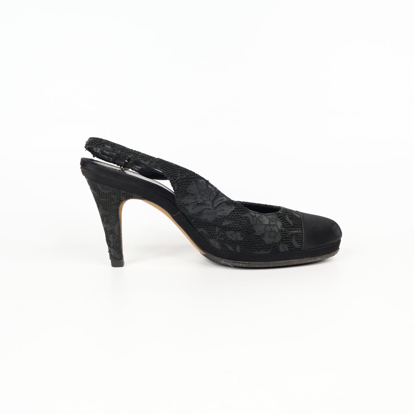 Chanel Heels Sling Back Black Satin Lace 38