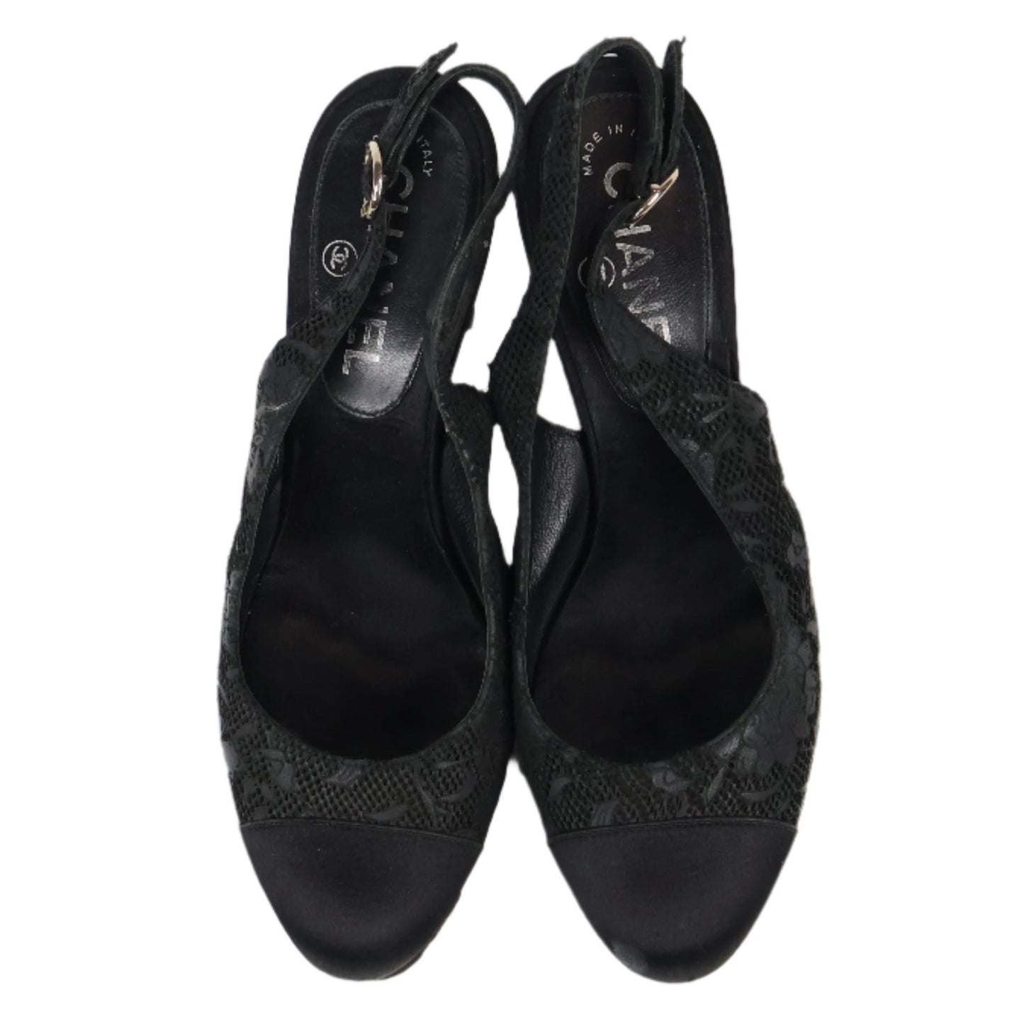 Chanel Heels Sling Back Black Satin Lace 38