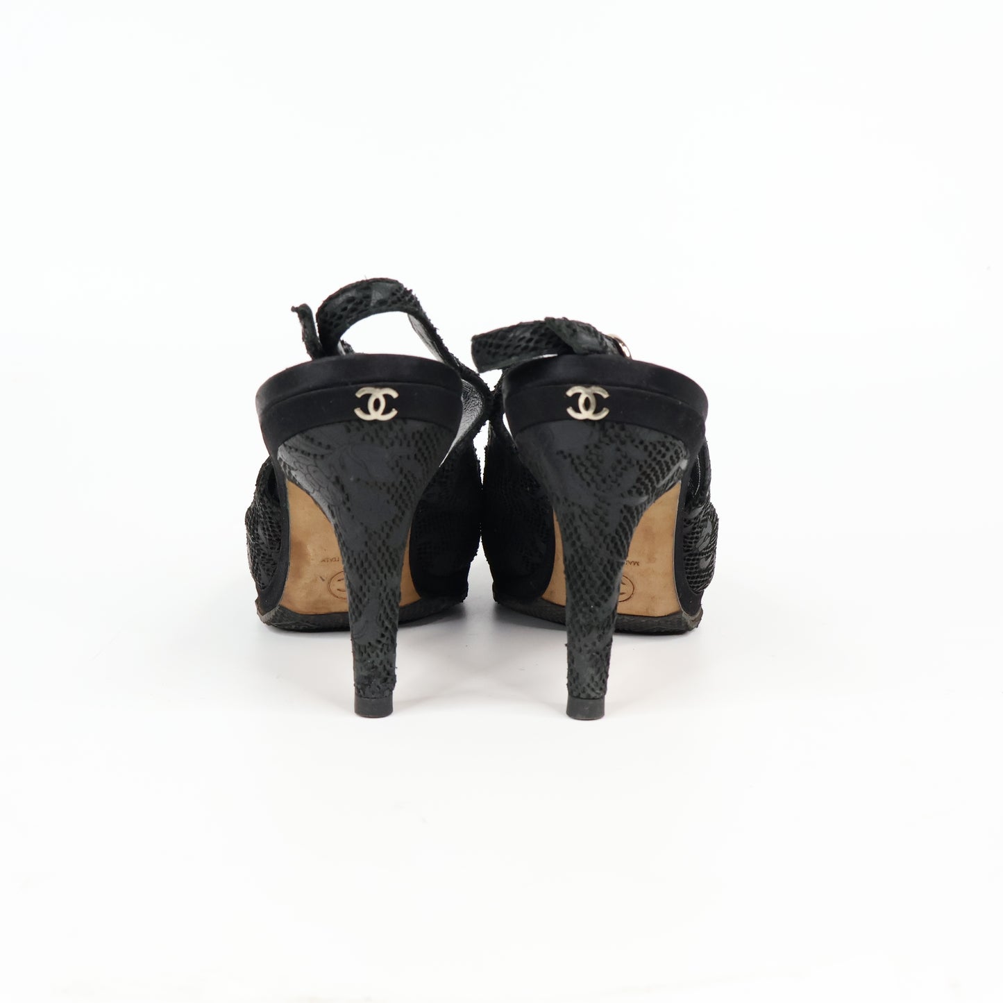 Chanel Heels Sling Back Black Satin Lace 38