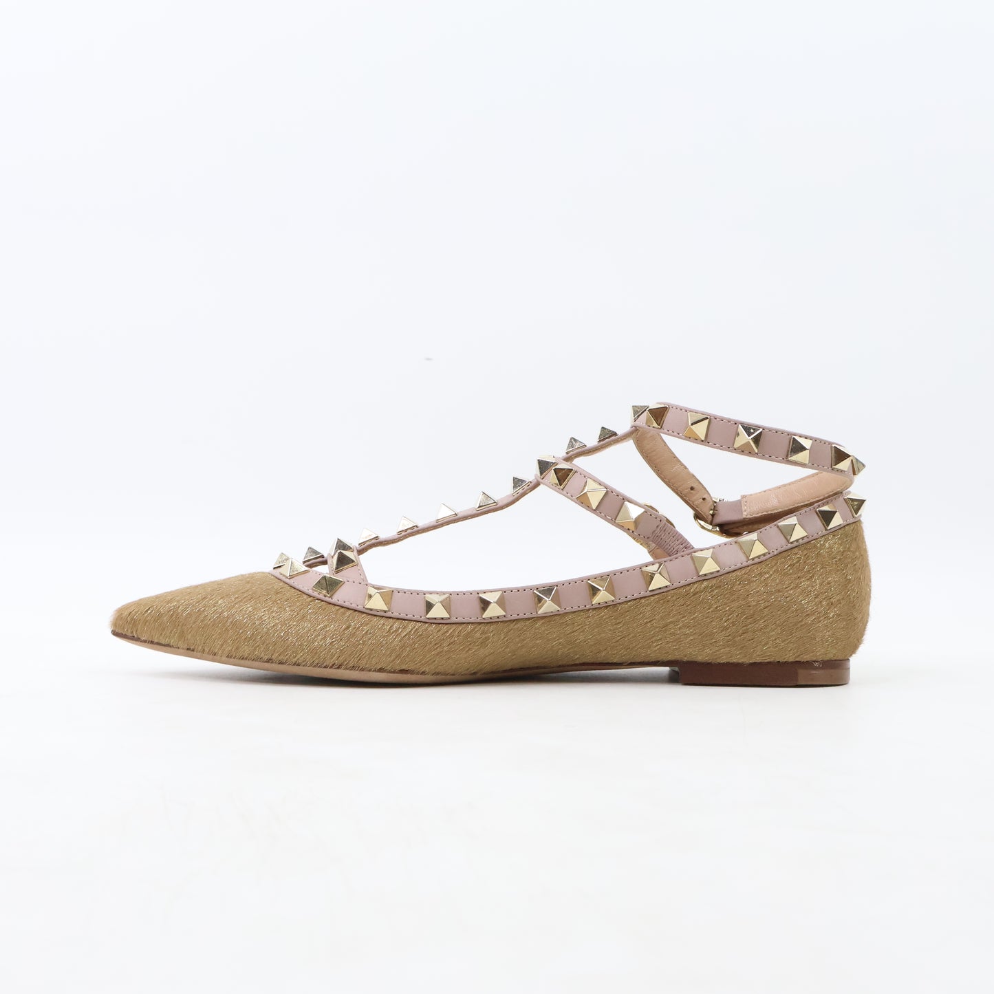 Valentino Gold Flats Rock Stud Pony Hair 35.5