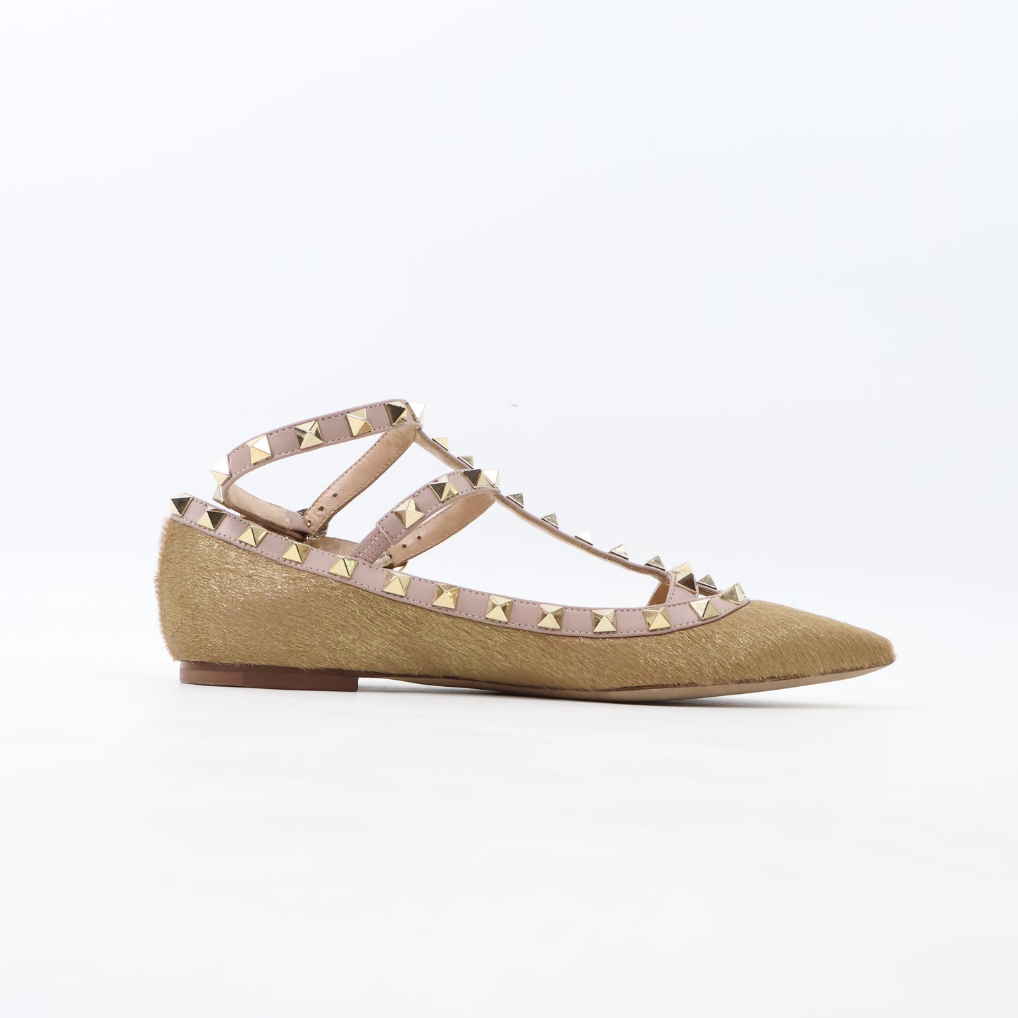 Valentino Gold Flats Rock Stud Pony Hair 35.5