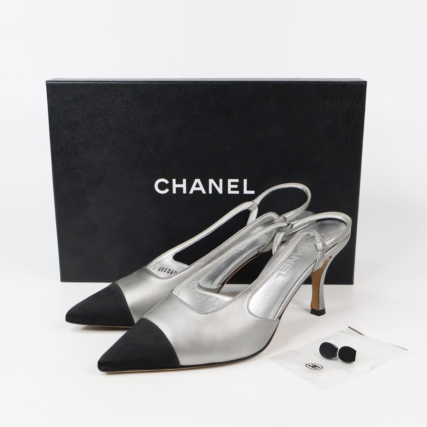 Chanel Slingback Heels Silver Black 37.5