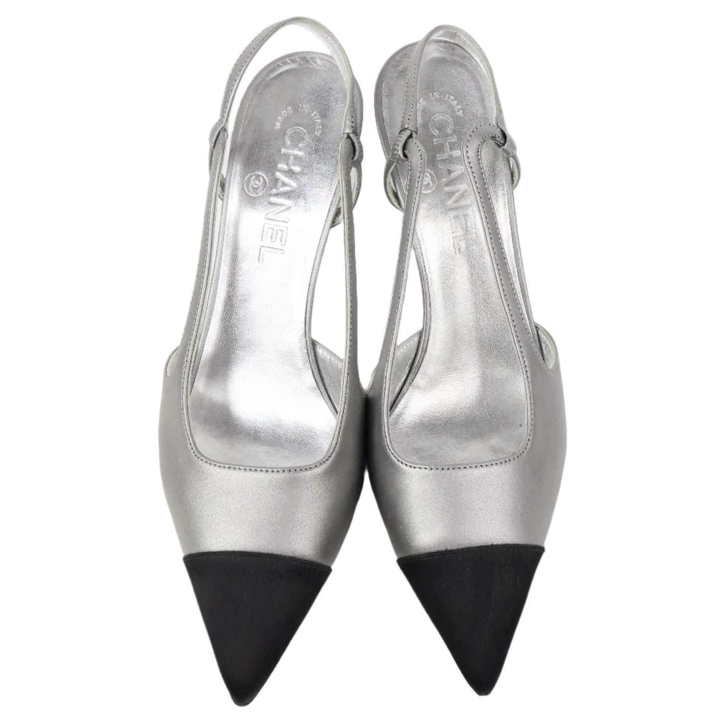 Chanel Slingback Heels Silver Black 37.5