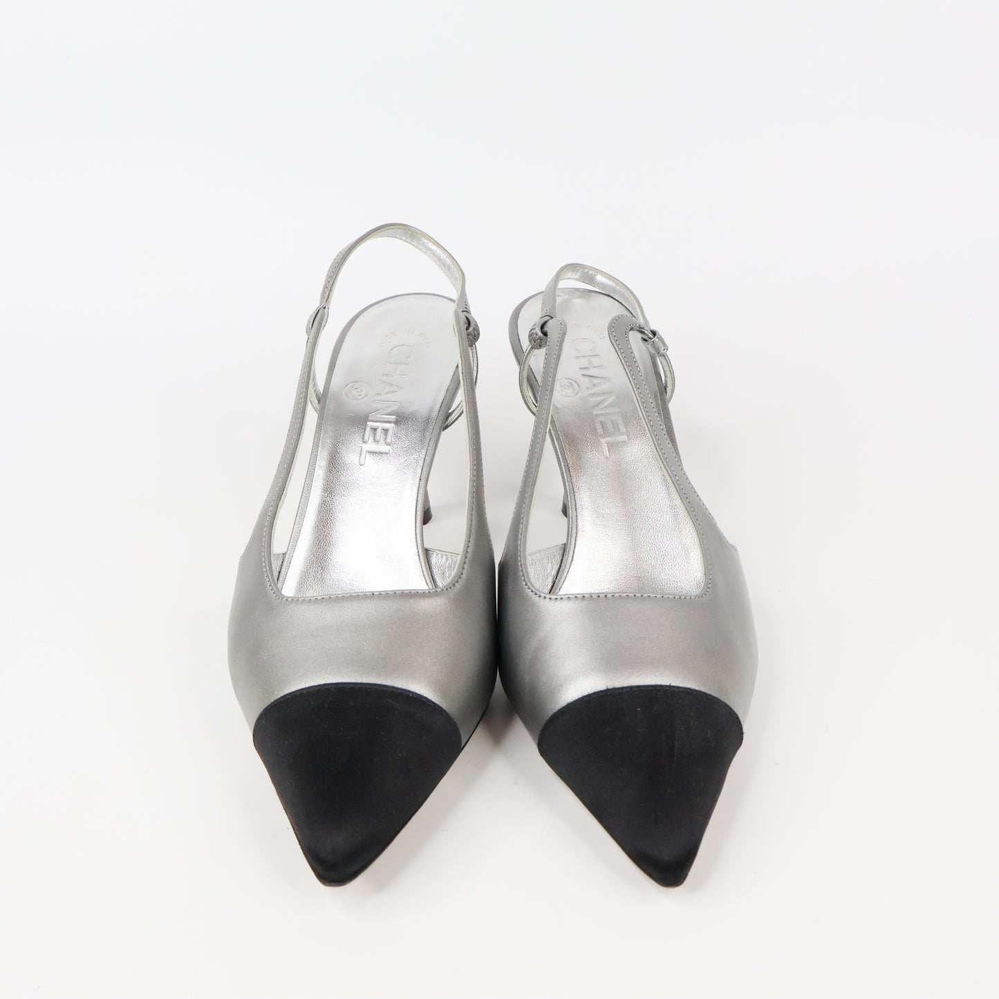 Chanel Slingback Heels Silver Black 37.5